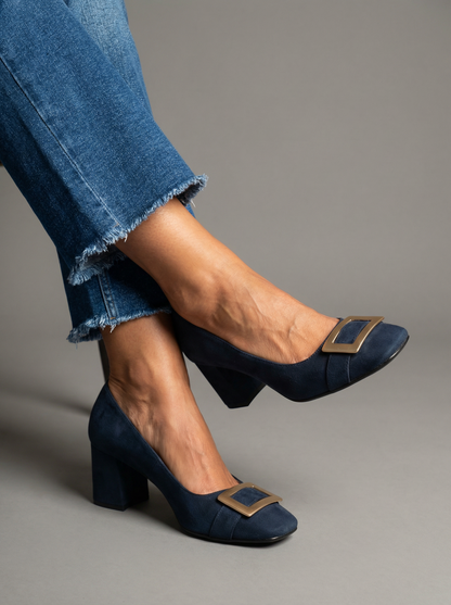 Capri Blu – Wide Stable Heel with Buckle Detail